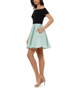 Betsy & Adam Black and Green Cocktail Dress Off the Shoulder Fit & Flare Size 10